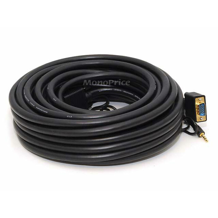 Monoprice VGA/Mini-phone Audio/Video Cable - 50 ft Mini-phone/VGA A/V Cable for Audio/Video Device, TV, Monitor - First End: 1 x 15-pin DB-15 Video - Male, 1 x Mini-phone Stereo Audio - Second End: 1 x 15-pin DB-15 Video - Male, 1 x Mini-phone Stereo Audio - Shielding - Gold Plated Connector