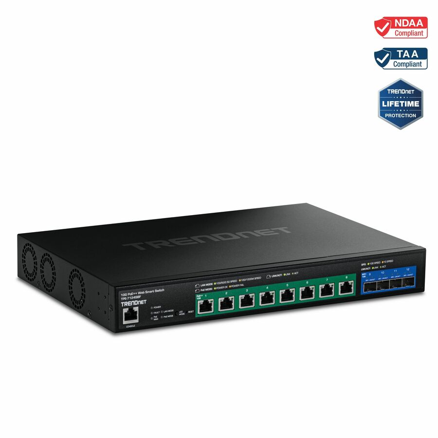 TRENDnet 12-Port 10G PoE++ Web Smart Switch, TPE-7124SBF, 720W PoE Power Budget, 8 x 10G PoE++ Ports, 4 x 10G SFP+ Ports, NDAA TAA Compliant, 1U 19" Rack Mountable, Lifetime Protection - 8 Ports - Manageable - Gigabit Ethernet, 10 Gigabit Ethernet - 1000Base-T, 2.5GBase-T, 10GBase-T, 10GBase-X - 3 Layer Supported - 57.40 W Power Consumption - 720 W PoE Budget - Twisted Pair, Optical Fiber - PoE Ports - 1U High - Rack-mountable