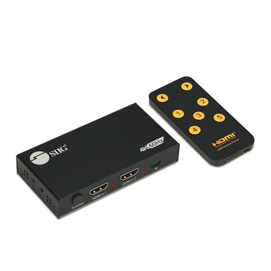 SIIG 2 Port HDMI 2.0 4K HDR Splitter / Switcher with IR Remote - 18Gbps video bandwidth - 2 port HDMI input switcher or 1x2 HDMI splitter - Up to 4K60Hz 4:4:4 8-bit or 4K60Hz 4:2:0 10 bit HDR - EDID management - Downscaling 4K60Hz to 1080p 60Hz - HDCP 2.2/1.4 - 3.5mm 2ch audio or HDMI 7.1 ch audio - LED indicators - Micro USB FW update and power in - included power supply and Micro USB cable - Function button switch - Metal housing - IR Remote Control - Mountable design - 2 years warranty