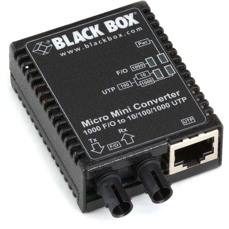 Black Box Transceiver/Media Converter - 1 x Network (RJ-45) - 1 x ST Ports - DuplexST Port - USB - Multi-mode - 850 nm Fiber - Gigabit Ethernet - 10/100/1000Base-TX, 1000Base-X - 0.50 km - AC Adapter - Wall Mountable - TAA Compliant
