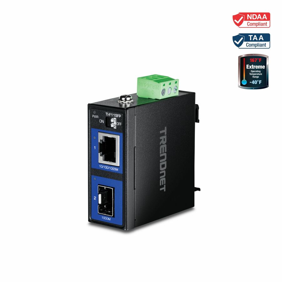 TRENDnet Industrial 100/1000Base-T to SFP Media Converter, TI F11SFP, IP50 Rated, NDAA TAA Compliant, 1 x Gigabit Ethernet Port, 1 x SFP Port, DIP Switches Control Link Fault Pass Through
