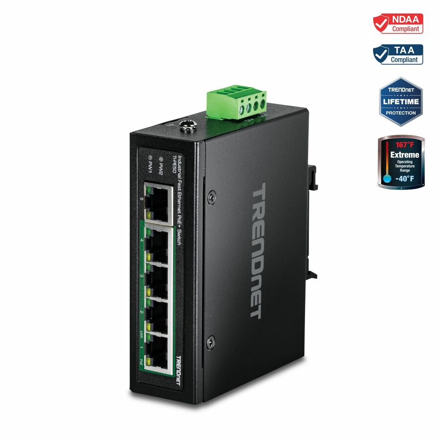 TRENDnet 5-Port Industrial Fast Ethernet DIN-Rail Switch, TI-PE50, Ethernet Splitter, NDAA & TAA Compliant, 90W, DIN-Rail, IP30 Rated, Lifetime Protection, Black