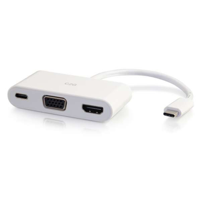 C2G USB C to HDMI and VGA Adapter Converter with Power Delivery - White - 1 x Type C USB Male - 1 x Type C USB 2.0 USB Female, 1 x HDMI (Type A) Digital Audio/Video Female, 1 x 15-pin HD-15 VGA Female - 3840 x 2160 Supported - Nickel Connector - White