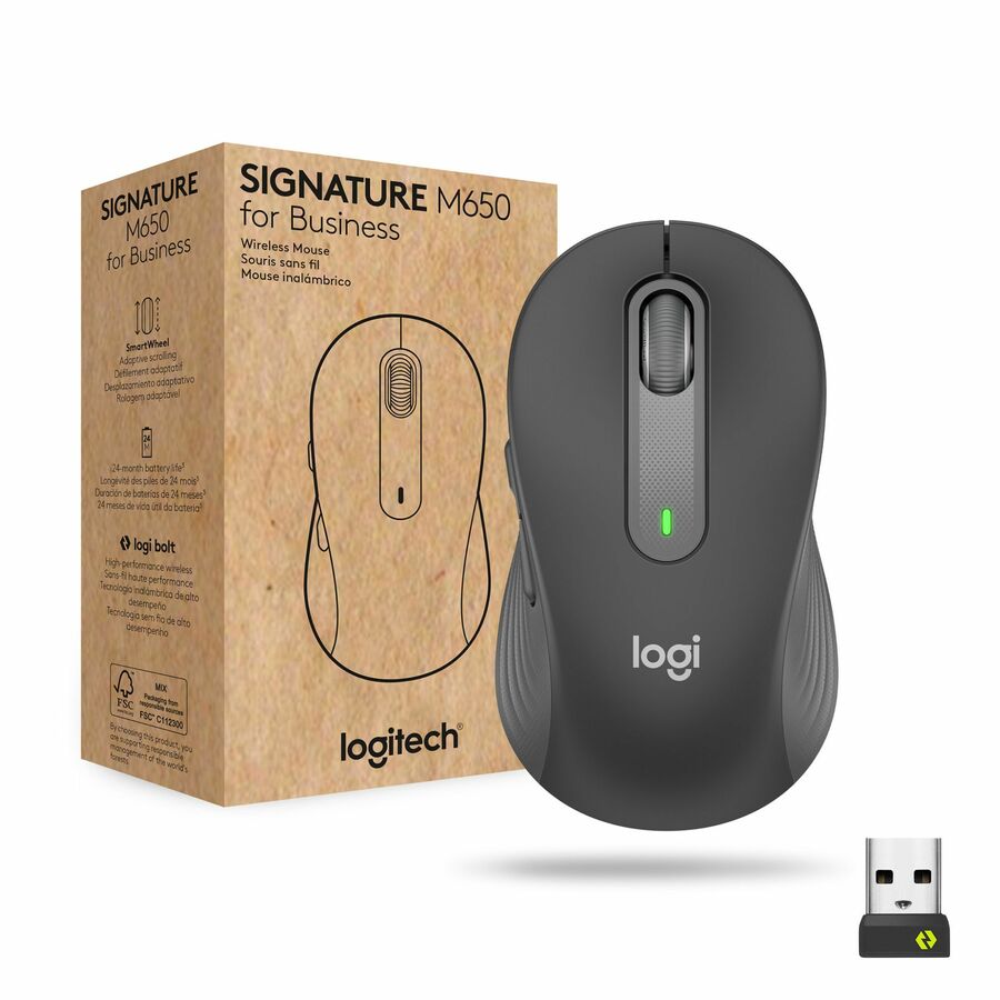 Logitech Signature M650 for Business Wireless Mouse, For Small to Medium Sized Hands, Logi Bolt, Graphite - Wireless - Bluetooth/Radio Frequency - Graphite - USB - 4000 dpi - Scroll Wheel - Medium Hand/Palm Size - Right-handed
