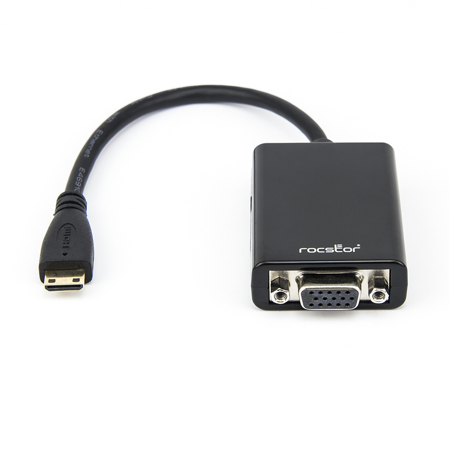 Rocstor Premium Mini HDMI to VGA Adapter - For Digital Still Camera and Video Camera - Resolution up to 1920x1080 - HDMI/VGA for Video Device, Projector, Monitor, Tablet PC, Camera - 1 x HDMI (Mini Type C) Digital Audio/Video - 1 x HD-15 Female VGA - 6" Adapter - mini HDMI Black ADAPTER CONVERTER 1920X1080