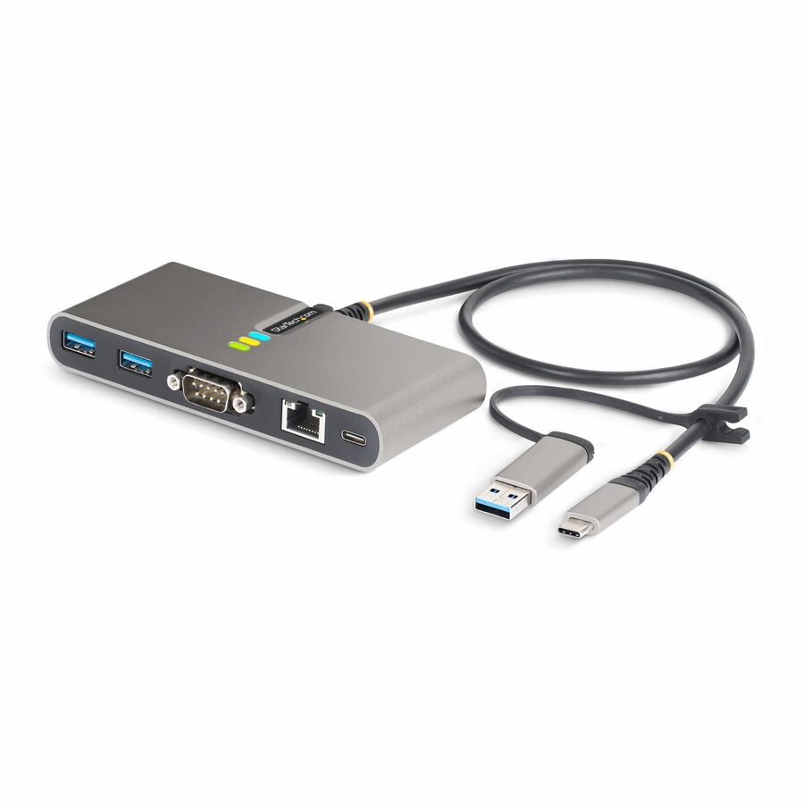 StarTech 2-Port USB-C Hub with Gb Ethernet and RS232 FTDI Serial, Attached USB-C to USB-A Dongle, 100W PD Pass-Through, 2x USB-A 5Gbps