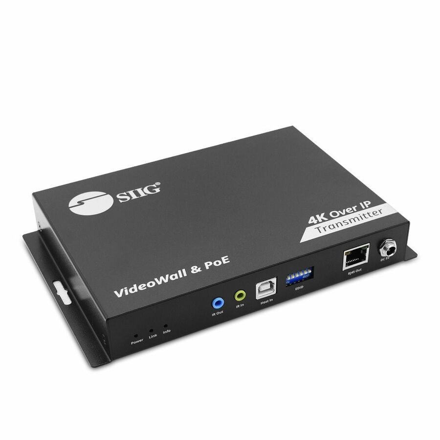 SIIG 4K 60Hz 18Gbps HDMI over IP Matrix - Encoder (TX) 394ft TAA Compliant - Transmits 4K@60Hz HDMI signal up to 394ft (120m) over a single Cat6/7 cable - DIP Switch - AV Over IP - PoE - One-to-One / One-to-Many / N to M Multi-casting - Up to 1023 transmitter units - 5x5 VideoWall - KVM - USB - HDCP 2.2 - HDR 10 - 3.5mm Stereo - S/PDIF - Bi-directional IR - RS-232 Control - ESD Protection - TAA Compliant - 3 years warranty - Kit (CE-H28A11-S1) - Decoder (RX) (CE-H27G11-S1) - Controller (CE-