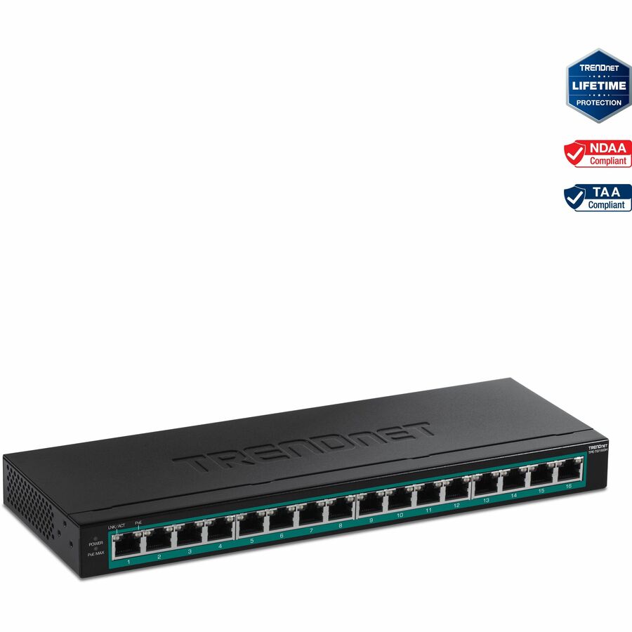 TRENDnet 16-Port Gigabit PoE+ Switch; TPE-TG160H; 123W PoE Power Budget; 32 Gbps Switching Capacity; Desktop Switch; Ethernet Network Switch; Metal; 1U 10" Rack Mountable; Lifetime Protection