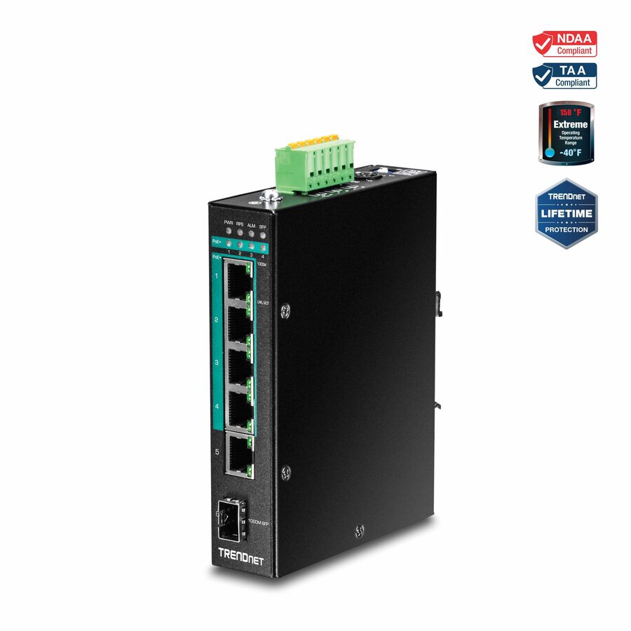 TRENDnet 6-Port Hardened Industrial Gigabit Poe+ Layer 2 Managed DIN-Rail Switch, 4 x Gigabit PoE+ 802.3at Ports, 1 x Gigabit Port, 1 x Gigabit SFP Slot, 120W Power Budget, Black, TI-PG541i