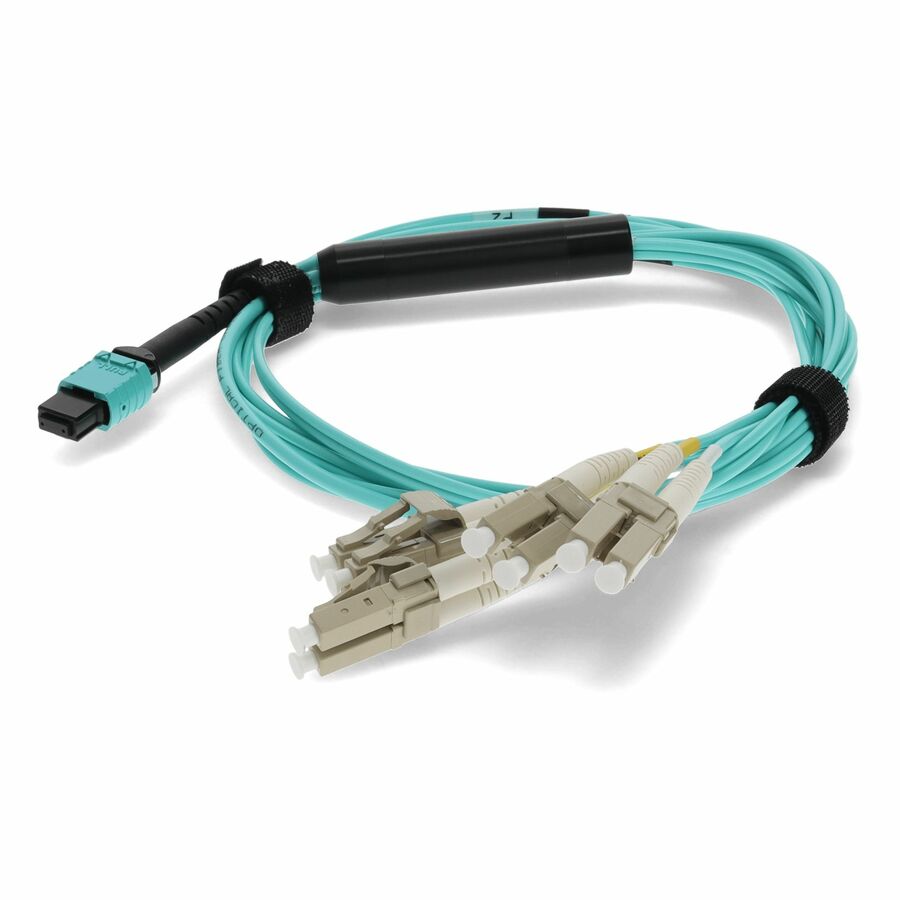 AddOn 10m MPO/UPC to 4xLC/UPC Duplex Aqua OM4 OFNR (Riser-Rated) 8-Strand Fiber Fanout Cable, MMF (Multi Mode), 50/125
