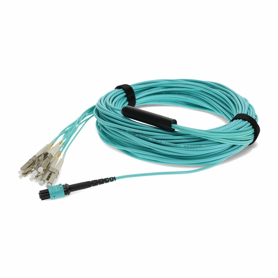AddOn 12m MPO/UPC to 4xLC/UPC Duplex Aqua OM4 OFNR (Riser-Rated) 8-Strand Fiber Fanout Cable
