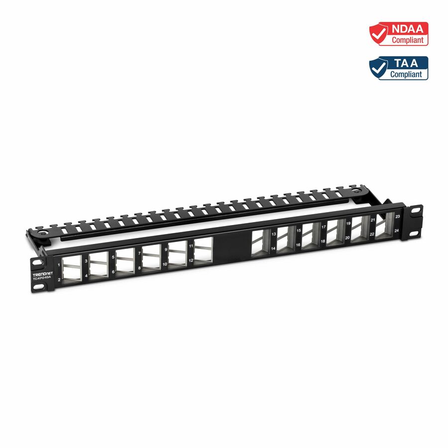 TRENDnet 24-Port Blank Angled Keystone Shielded 1U Patch Panel, TC-KP24SA, STP, Cat6A, Cat5, Cat5e, Cat6, 19" Rackmount Design, Black