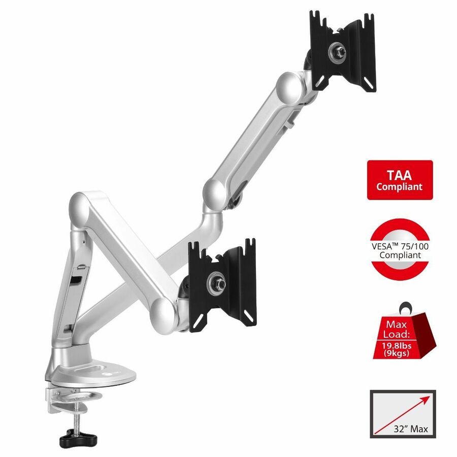 SIIG MTPRO Desk Mount Dual Gas Spring Monitor Arm - up to 32" Display - Max. Load 19.8 lbs - VESA 75 & 100mm