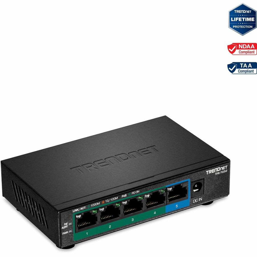 TRENDnet 5-Port Gigabit PoE+ Switch, 32W PoE Power Budget, 10Gbps Switching Capacity, IEEE 802.1p QoS, DSCP Pass-Through Support, Fanless, Wall Mountable, Lifetime Protection, Black, TPE-TG52