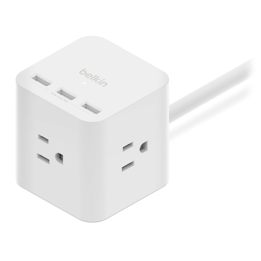 Belkin 3-Outlet Power Cube with 5-Foot Cord and USB-A Ports - Right-angled Connector - 3 x AC Power, 3 x USB - 5 ft Cord - 120 V AC Voltage - Desk Mountable