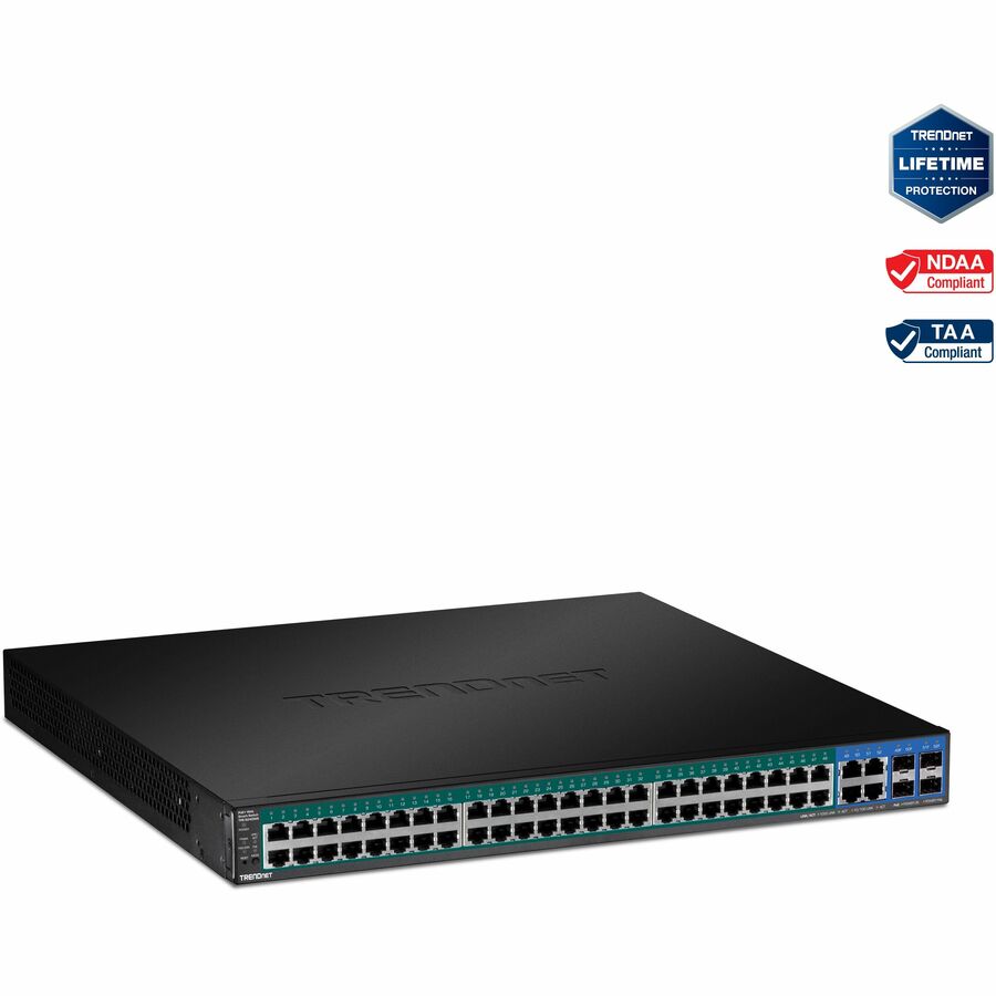 TRENDnet 52-Port Gigabit Web Smart PoE+ Switch, 48 Gigabit PoE+ Ports, 4 Shared Gigabit Ports (RJ-45 Or SFP), 370W PoE Power Budget, 104Gbps Switching Capacity, Lifetime Protection, Black, TPE-5240WS
