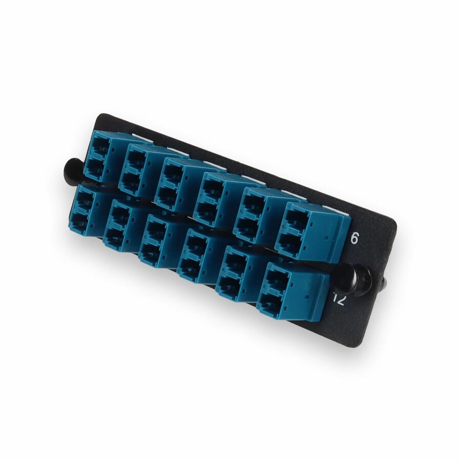 AddOn 4-Bay Panel Plate with 24-fiber 12x LC Duplex OS2 Fiber adapter panel