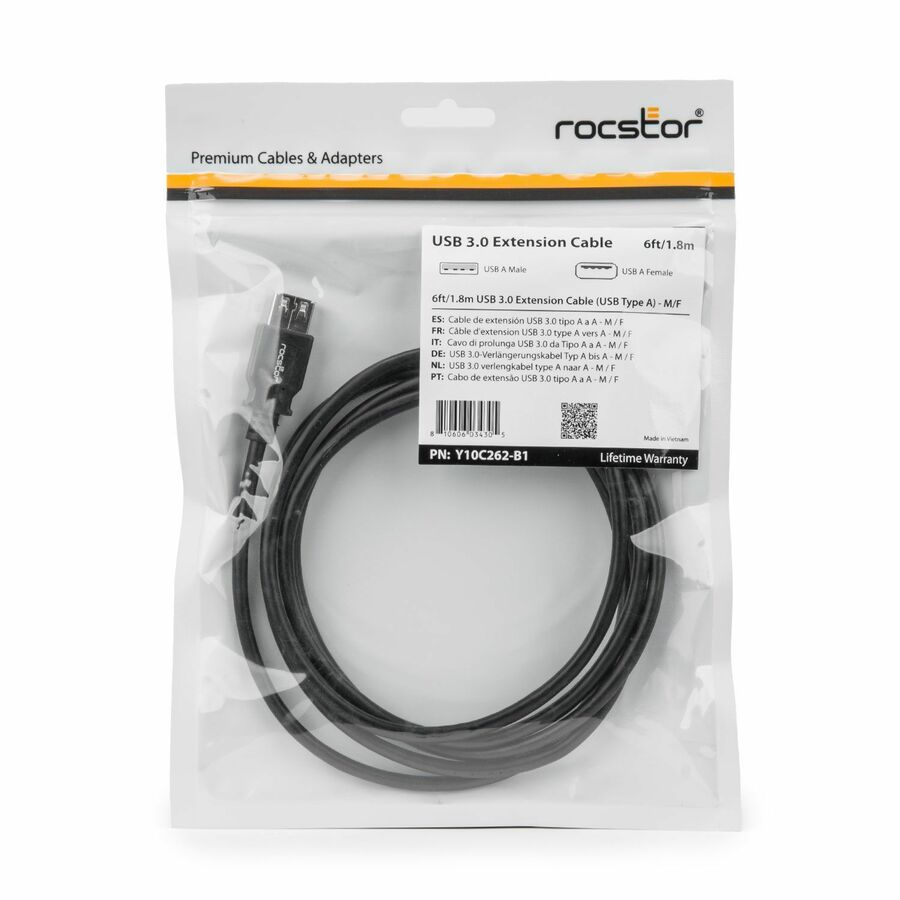 Rocstor USB Data Transfer Cable - 6 ft USB Data Transfer Cable - Type A Female USB - Type A Male USB - Extension Cable - Black - 1 6FT 1.83M F/M BLACK