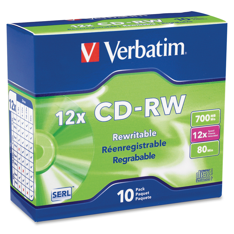Verbatim CD-RW 700MB 4X-12X High Speed with Branded Surface - 10pk Slim Case