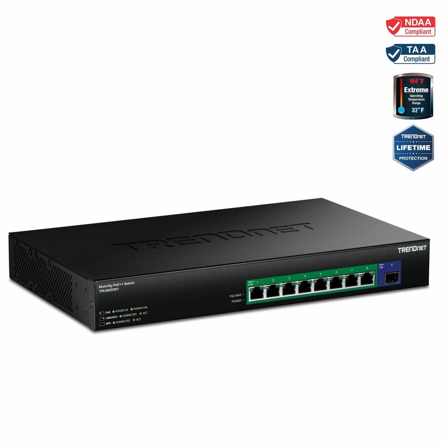 TRENDnet 9-Port 2.5G GaN Power PoE++ Switch with 10G SFP+ Port (480W), TPE-BG5091, 8 x 2.5G PoE++ Ports, 1 x 10G SFP+ Port, 480W, 60Gbps, NDAA TAA Compliant for Government use, Lifetime Protection