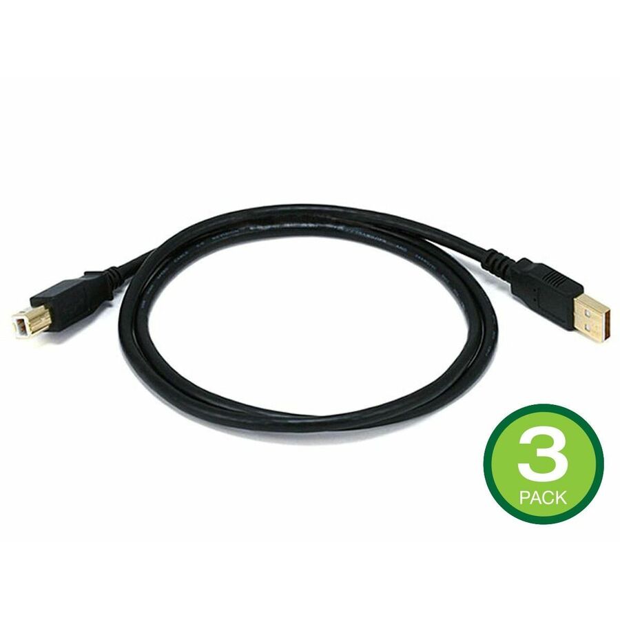 Monoprice USB-A to USB-B 2.0 Cable - 28/24AWG Gold Plated Black 3ft 3-Pack