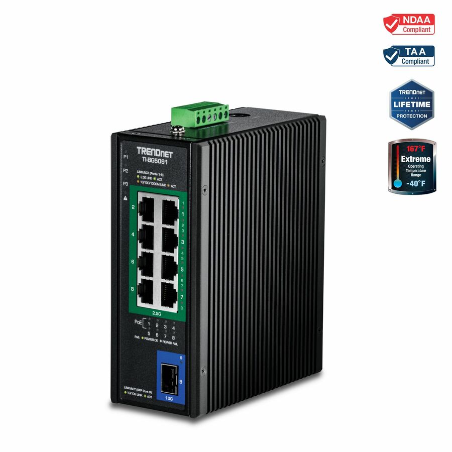 TRENDnet 9-Port Industrial 2.5G DIN-Rail PoE++ Switch with 10G SFP+ Port, TI-BG5091, Multi-Gigabit, 8 x 2.G PoE++ Ports, 1 x 10G SFP+ Port, 480W PoE Power Budget, 60Gbps, Lifetime Protection, Black