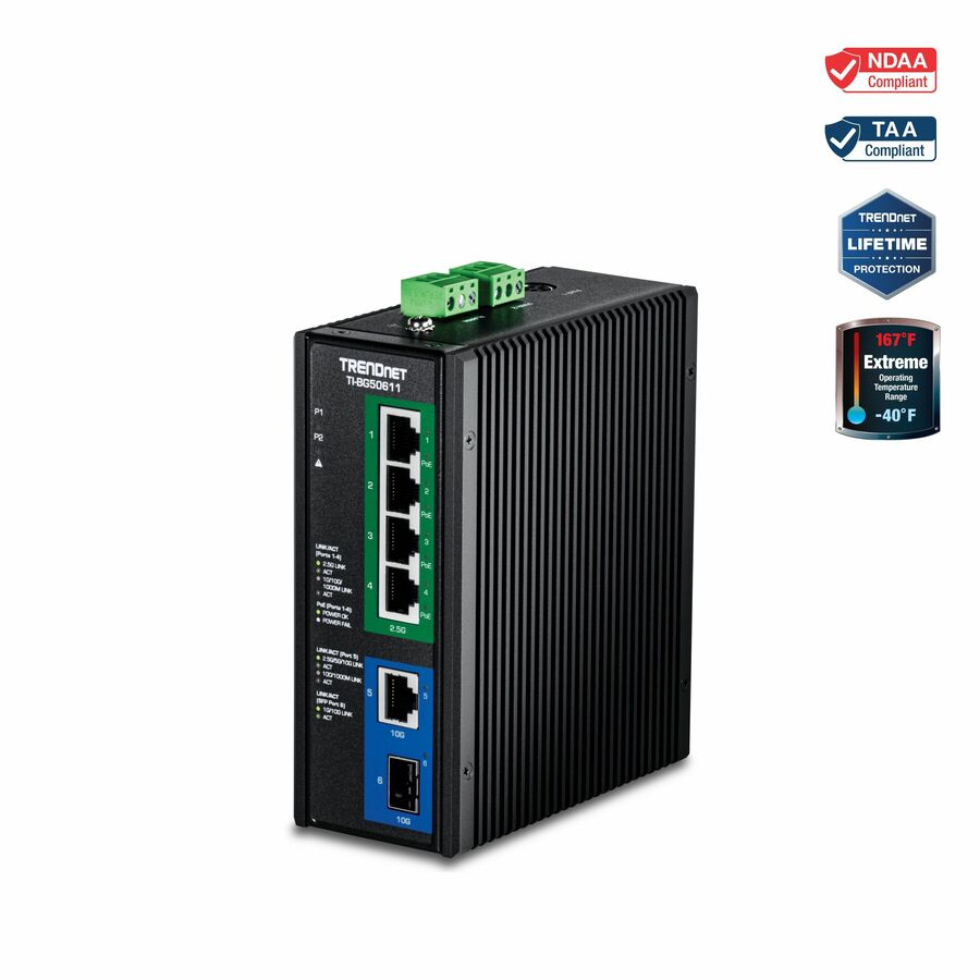 TRENDnet 6-Port Industrial 2.5G PoE++ DIN-Rail Switch with 10G Ports,TI-BG50611,Multi-Gigabit,4 x 2.G PoE++ Ports, 1 x 10G RJ-45 Port,1 x 10G SFP+ Port,Lifetime Protection, Black