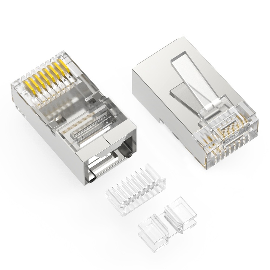 Axiom RJ45 Cat.6a Shielded Plug, 3pc Type, Solid/Stranded Wire, 50 Micron, 100-Pack