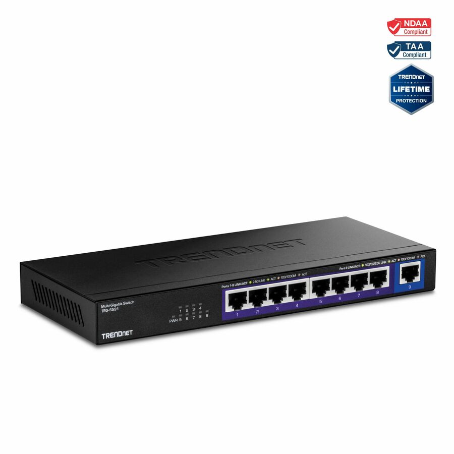 TRENDnet 9-Port Multi-Gig Switch, TEG-S591, 8 x 2.5G RJ-45 Ports, 1 x 10G RJ-45 Port, 60Gbps Switching Capacity, Ethernet Splitter, NDAA & TAA Compliant, Lifetime Protection, Black