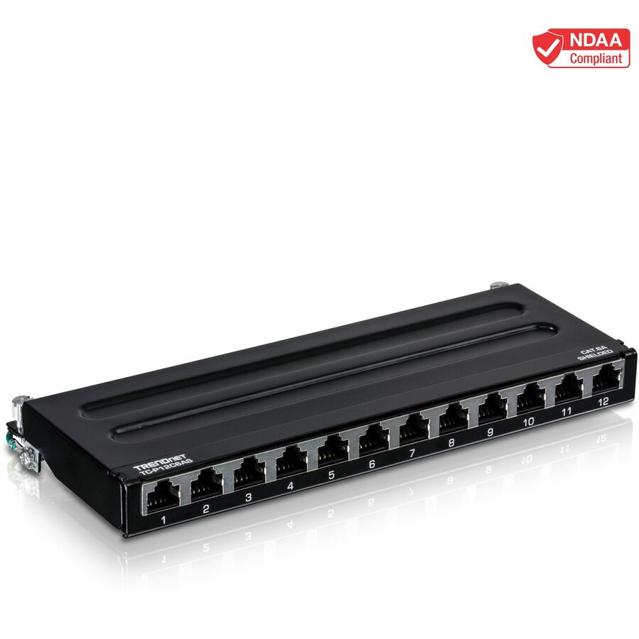 TRENDnet 12-Port Cat6A Shielded Patch Panel, 10G Ready, Cat5e,Cat6,Cat6A Compatible, Metal Housing, Color-Coded Labeling For T568A And T568B Wiring, Cable Management, Wall Mountable, Black, TC-P12C6AS