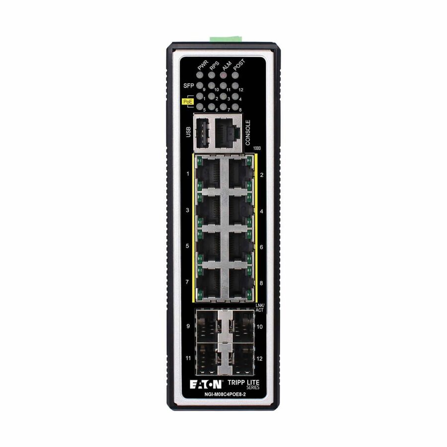 Tripp Lite by Eaton 8-Port Managed Industrial Gigabit Ethernet Switch - Layer 2, 1 Gbps, PoE+ 30W, 4 GbE SFP Ports, -40�° to 75�°C, DIN Mount