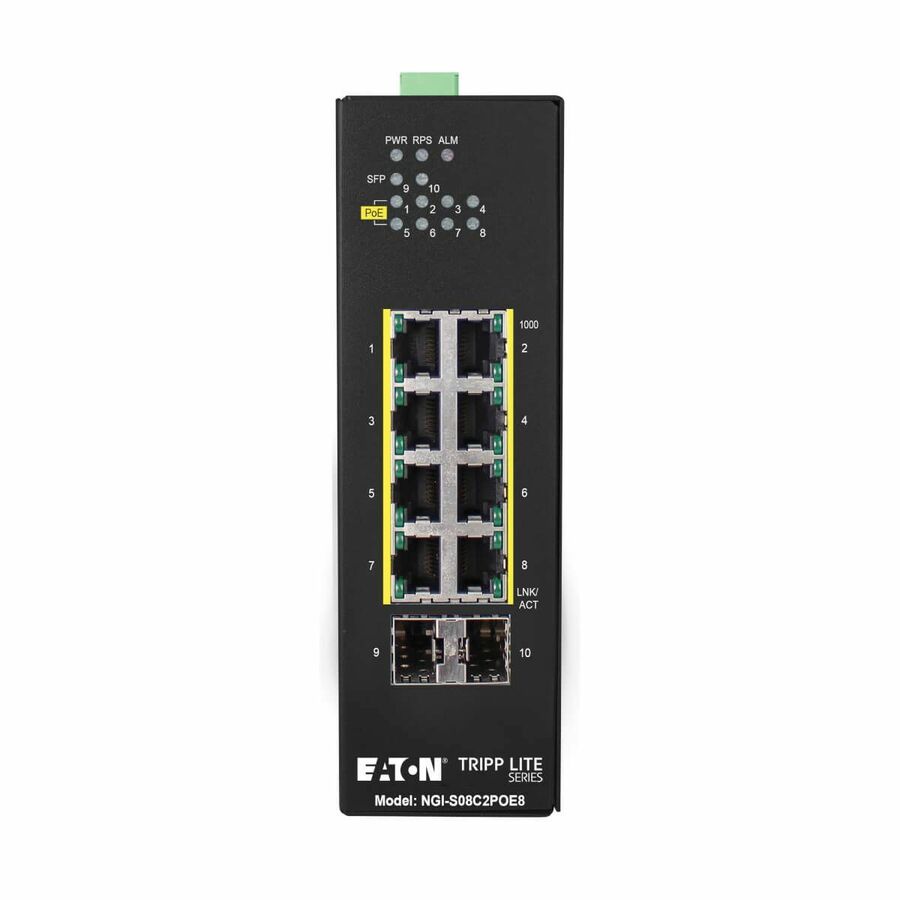 Eaton Tripp Lite Series 8-Port Lite Managed Industrial Gigabit Ethernet Switch - 10/100/1000 Mbps, PoE+ 30W, 2 GbE SFP Slots, -10° to 60°C, DIN Mount, TAA