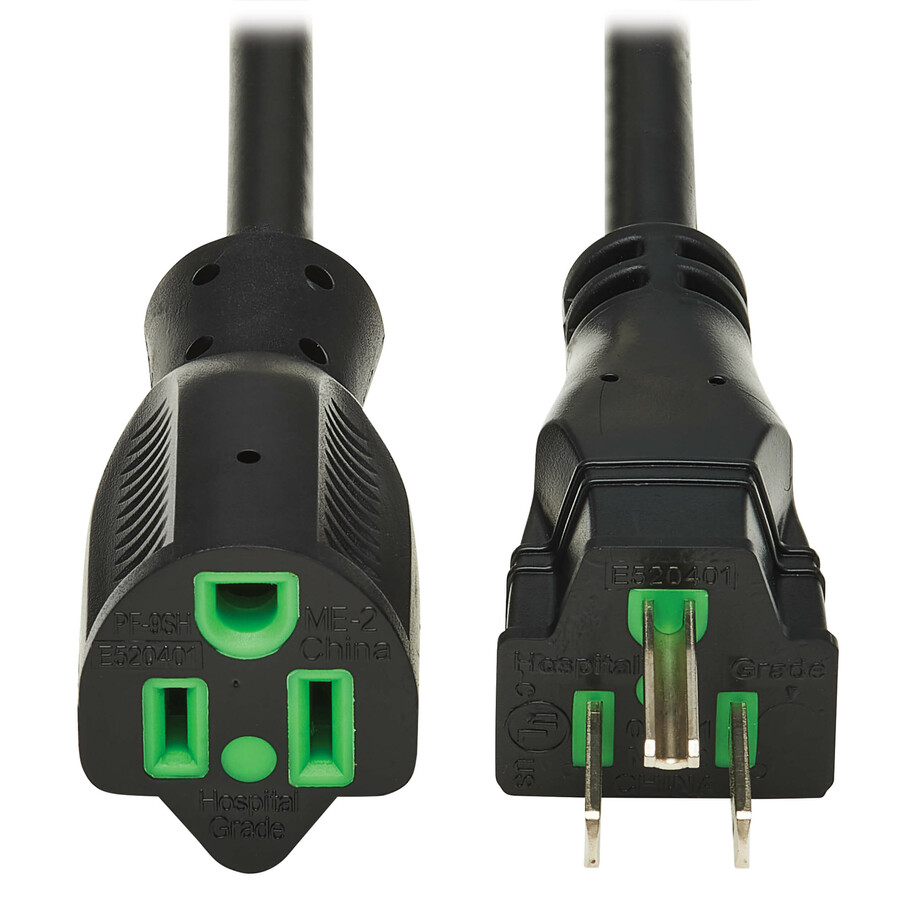 Eaton Tripp Lite Series Safe-IT Antibacterial Hospital-Grade Extension Cord, 5-15P to 5-15R - Green Dot, 13A, 125V, 16 AWG, Black, 10 ft. (3 m)