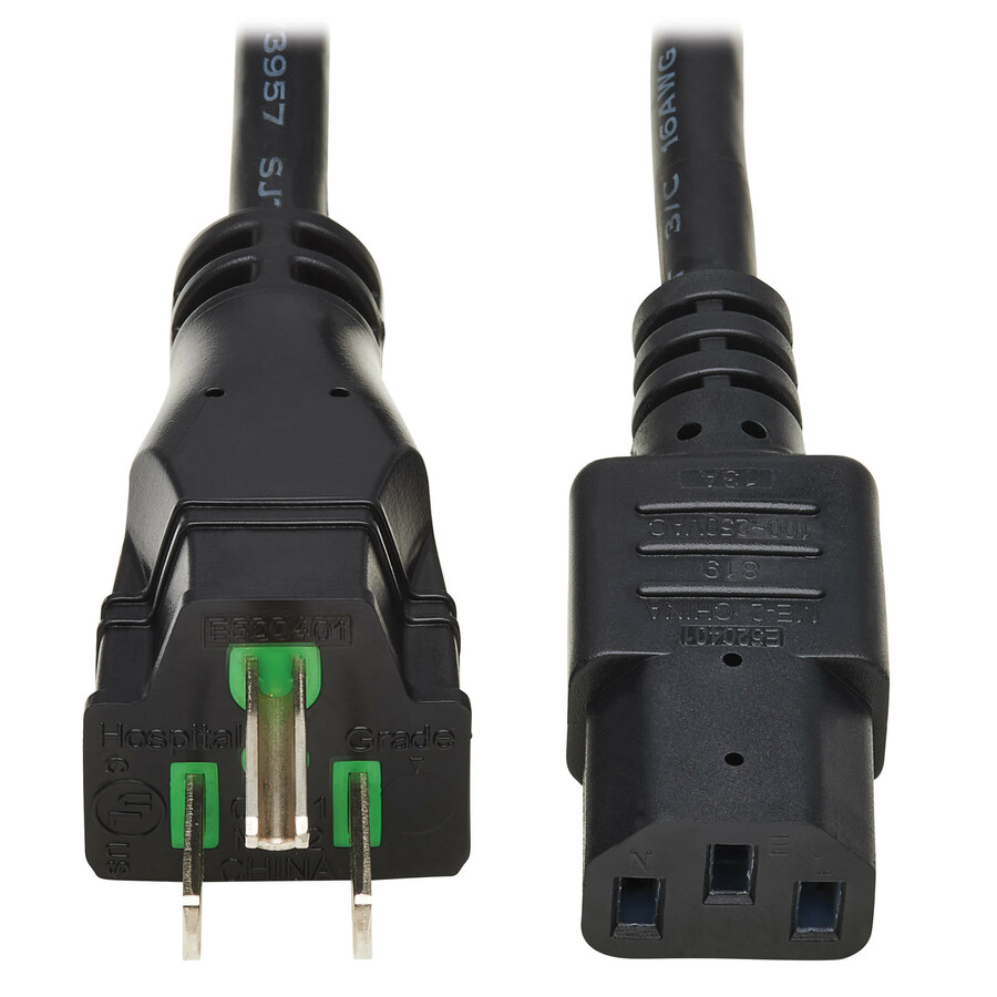 Eaton Tripp Lite Series Safe-IT Antibacterial Hospital-Grade Power Cord, 5-15P to C13 - Green Dot, 13A, 125V, 16 AWG, Black, 8 ft. Coiled Cord (2.4 m)