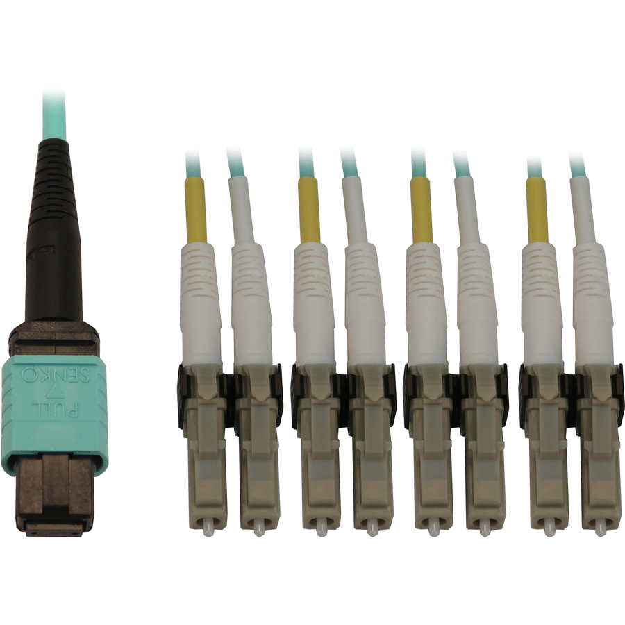 Eaton Tripp Lite Series 40/100/400G Multimode 50/125 OM3 Fiber Optic Cable (12F MTP/MPO-PC to 4x Duplex LC/PC F/M), LSZH, Aqua, 1 m (3.3 ft.)
