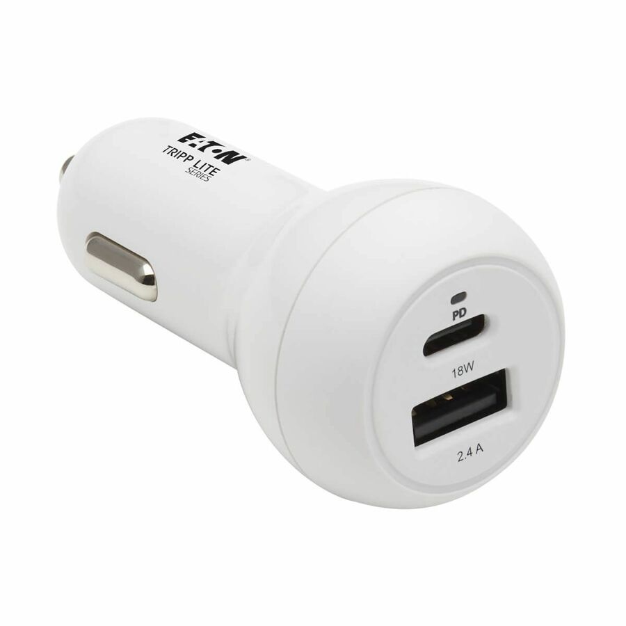 Eaton Tripp Lite Series Dual-Port USB Car Charger - 30W PD Charging, USB-C (18W) & USB-A (12W), USB-C to Lightning Cable, White