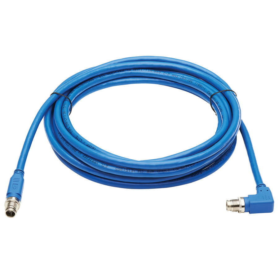 Eaton Tripp Lite Series M12 X-Code Cat6a 10G F/UTP CMR-LP Shielded Ethernet Cable (Right-Angle M/M), IP68, PoE, Blue, 3 m (9.8 ft.), TAA
