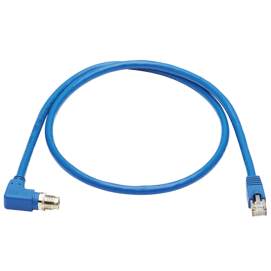 Eaton Tripp Lite Series M12 X-Code Cat6a 10G F/UTP CMR-LP Shielded Ethernet Cable (Right-Angle M12 M/RJ45 M), IP68, PoE, Blue, 1 m (3.3 ft.), TAA