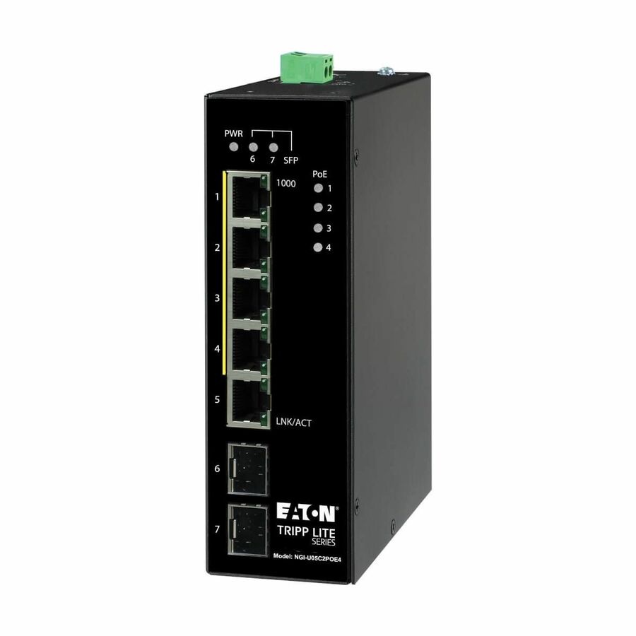 Eaton Tripp Lite Series 5-Port Unmanaged Industrial Gigabit Ethernet Switch - 10/100/1000 Mbps, PoE+ 30W, -10° to 60°C, 2 GbE SFP Slots, DIN Mount, TAA