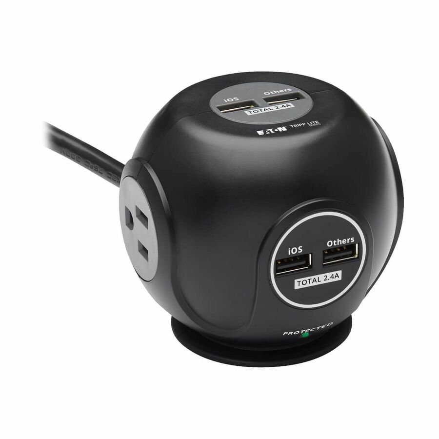 Eaton Tripp Lite Series 3-Outlet Spherical Surge Protector, 4 USB Ports (4.8A Shared) - 6 ft. (1.83 m) Cord, 5-15P Plug, 540 Joules, Black