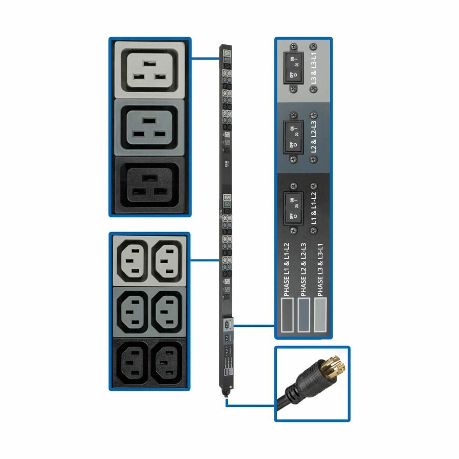 Tripp Lite by Eaton PDU 8.6kW 208/120V Three-Phase Basic PDU - 48 Outlets (36 C13 6 C19 6 5-15/20R) L21-30P Input 6 ft. Cord 70 in. 0U Rack