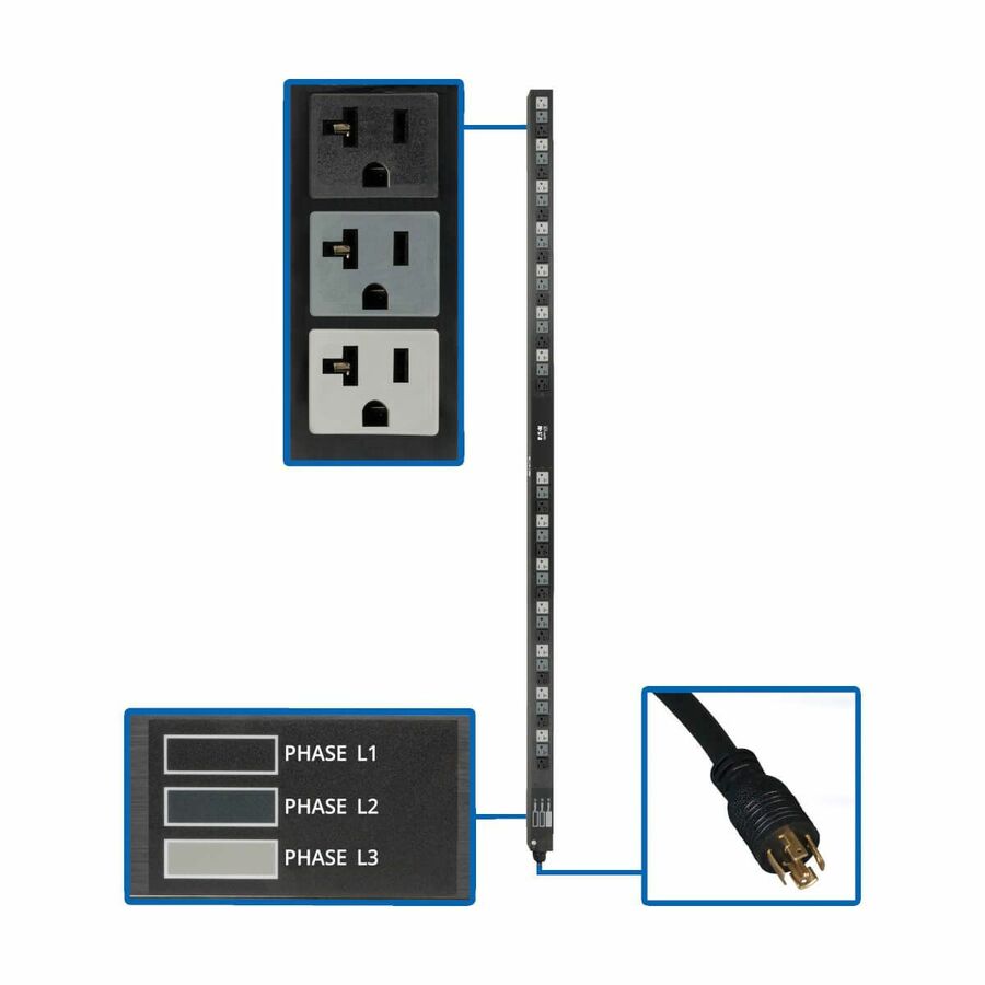 Eaton Tripp Lite Series 5.7kW 3-Phase Basic PDU - 42 NEMA 5-15/20R 120V Outlets, 208V L21-20P Input, 6 ft. Cord, 70 in. 0U Rack