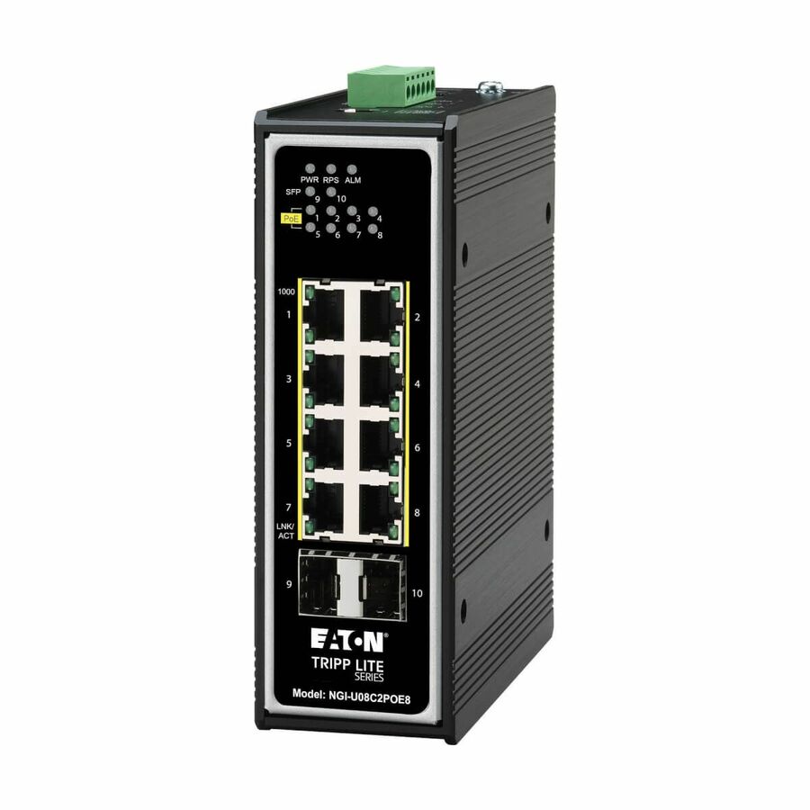 Tripp Lite by Eaton 8-Port Unmanaged Industrial Gigabit Ethernet Switch 10/100/1000 Mbps PoE+ 30W 2 GbE SFP Slots -40�° to 75�°C DIN Mount