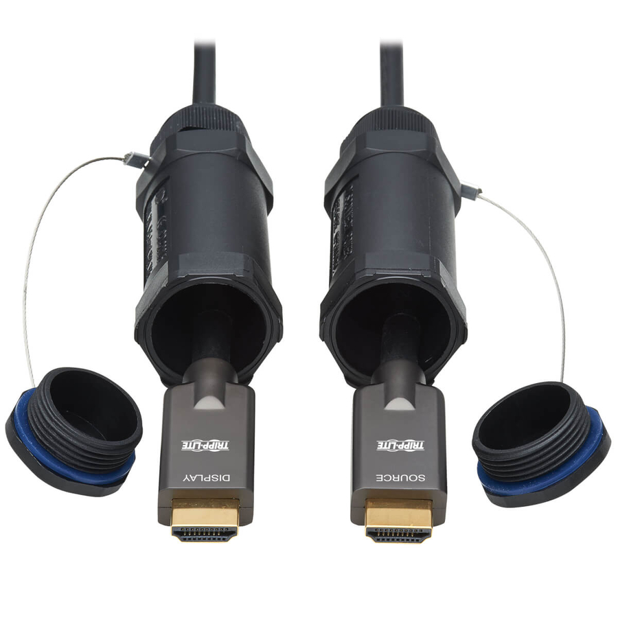 Eaton Tripp Lite Series High-Speed Armored HDMI Fiber Active Optical Cable (AOC) with Hooded Connectors - 4K @ 60 Hz, HDR, IP68, M/M, Black, 50 m (164 ft.)