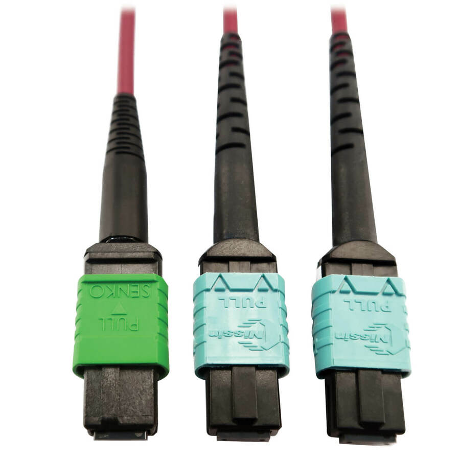 Tripp Lite by Eaton 400G Multimode 50/125 OM4 Plenum Fiber Optic Cable 16F MTP/MPO-APC to (x2) 12F MTP/MPO-UPC (F/F) Magenta 3 m