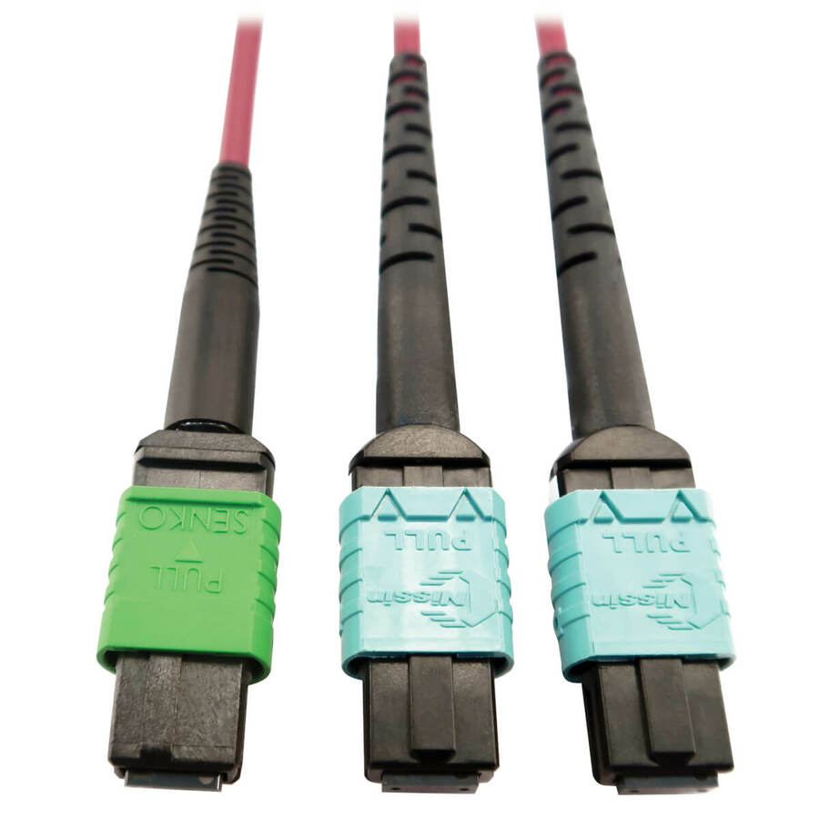 Tripp Lite by Eaton 400G Multimode 50/125 OM4 Plenum Fiber Optic Cable 16F MTP/MPO-APC to (x2) 12F MTP/MPO-UPC (F/F) Magenta 5 m