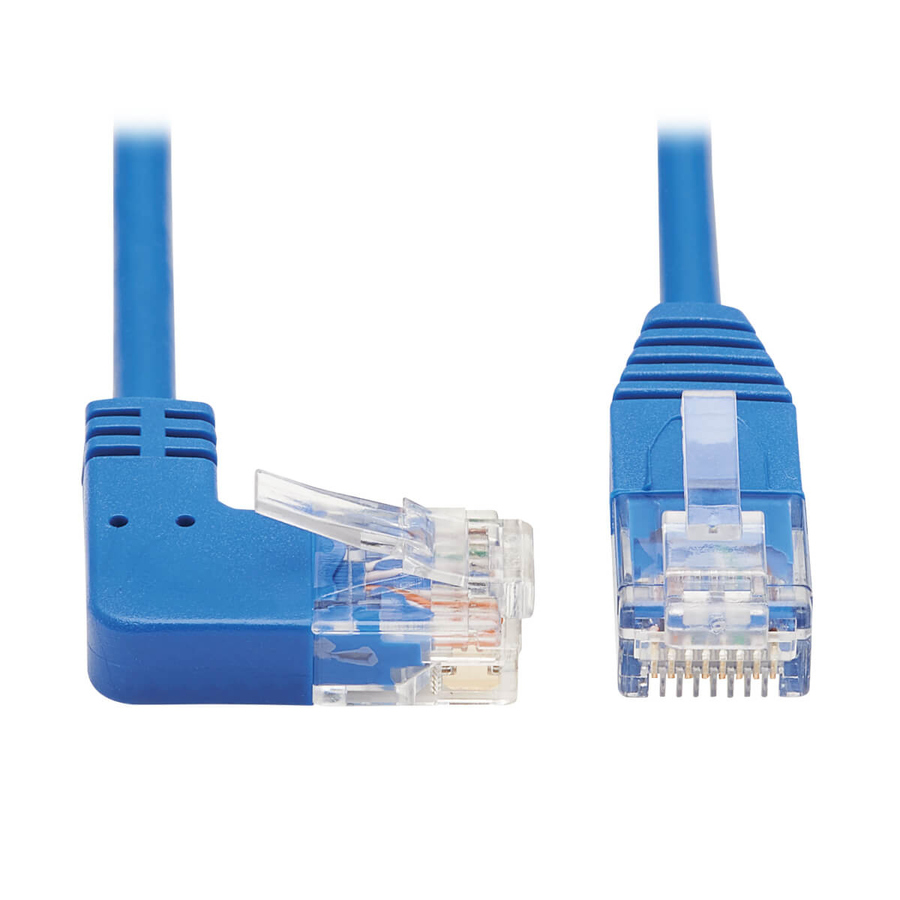Eaton Tripp Lite Series Right-Angle Cat6 Gigabit Molded Slim UTP Ethernet Cable (RJ45 Right-Angle M to RJ45 M), Blue, 3 ft. (0.91 m)