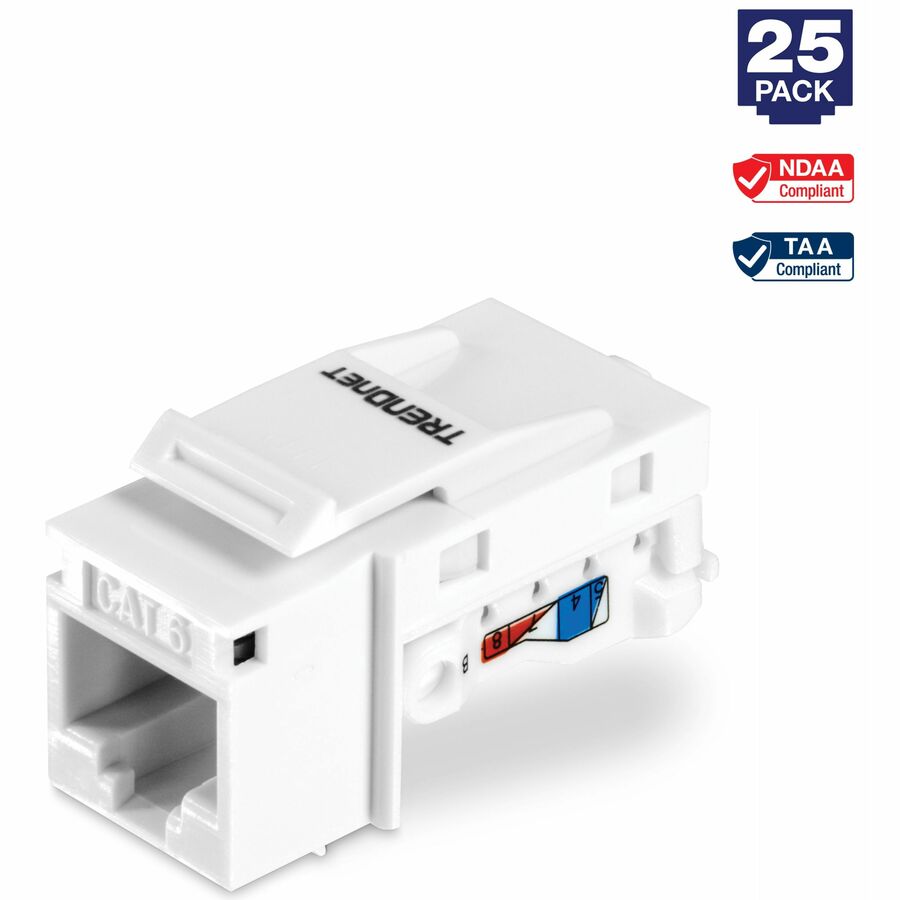 TRENDnet Cat6 Keystone Jack, 25-Pack Bundle, 90° Angle Termination, Compatible With Cat5, Cat5e, Cat6 Cabling, Color-Coded Labeling, Gold-Plated Contacts, Tool-less Design, White, TC-K25C6