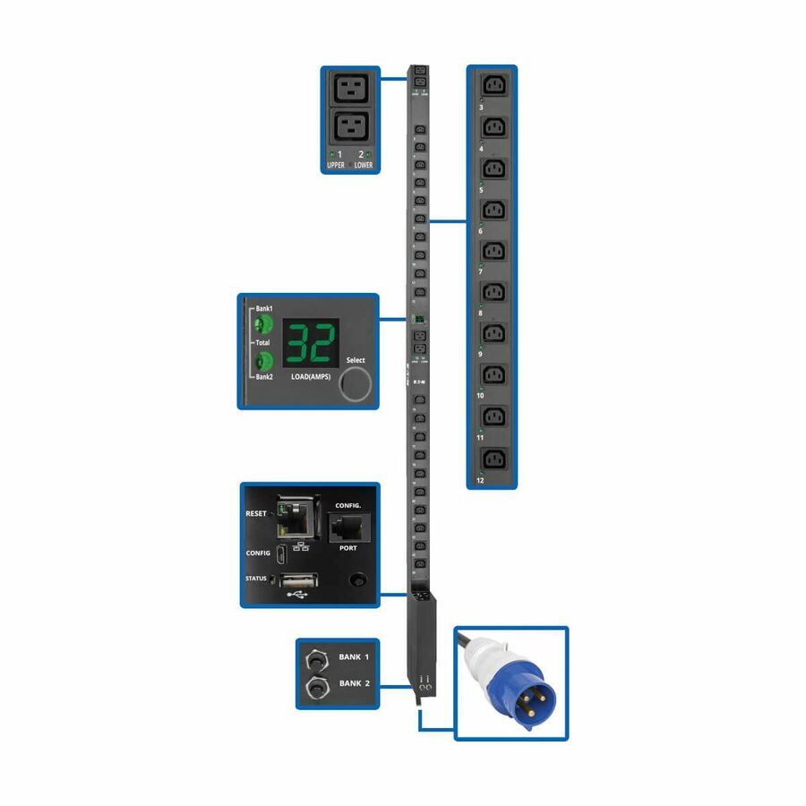 Eaton 7.7kW Single-Phase Switched PDU with LX Platform Interface, 230V Output, IEC 309 32A Blue, 10 ft. (3.05 m) Cord, 0U, TAA