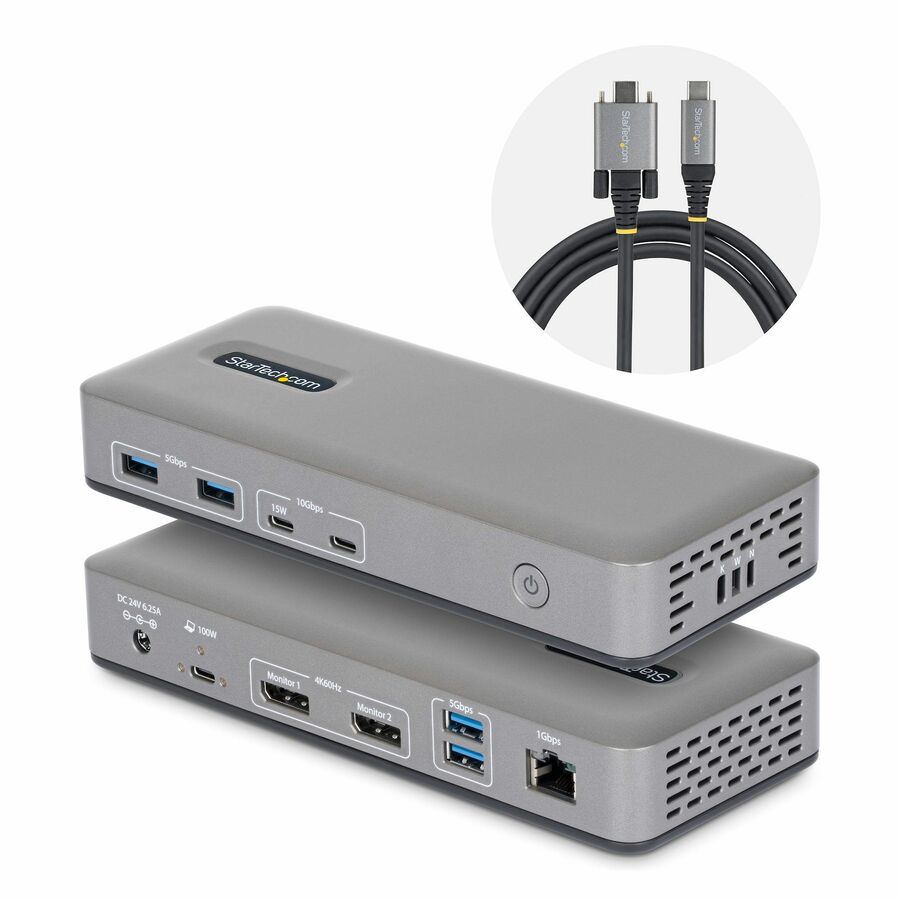 StarTech Dual-Monitor USB-C Docking Station, DisplayPort, 4K 60Hz, 100W Laptop Charging, 1GbE, Driverless, Multi-Monitor Dock